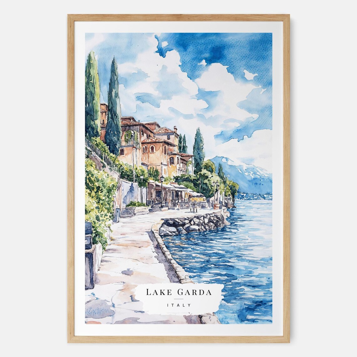 Lake Garda Promenade Italian Villas Shoreline Watercolor Poster