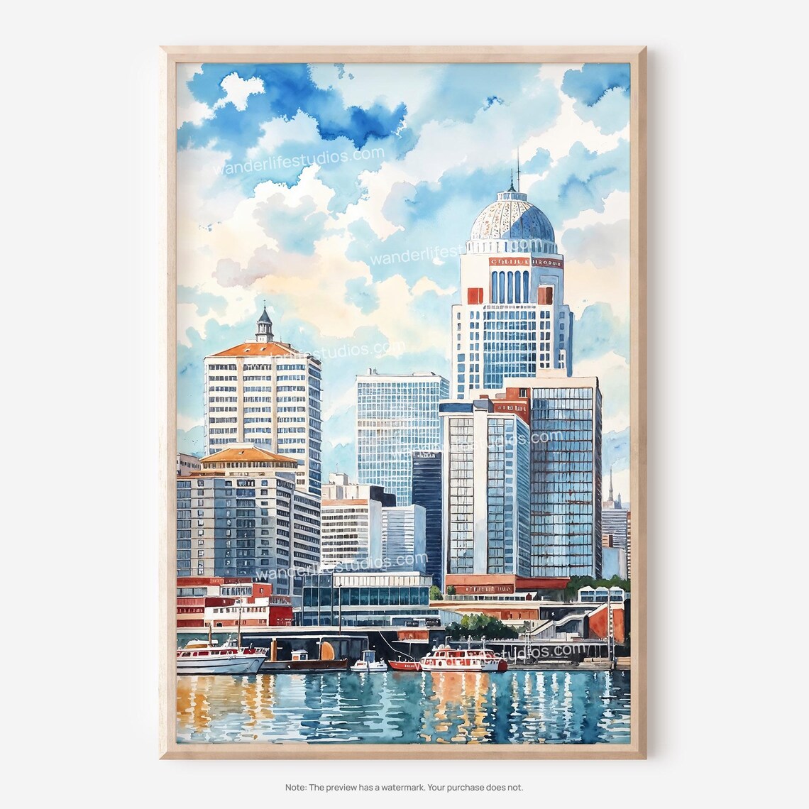 Louisville Kentucky Skyline Watercolor River Boats Art Poster