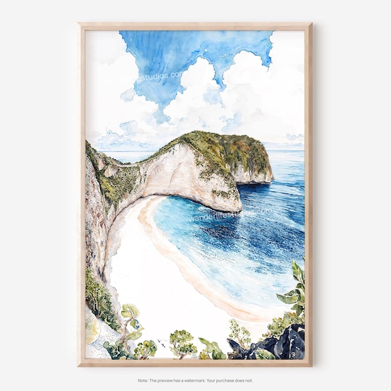 Nusa Penida Tropical Watercolor with Turquoise Bay Cliffs Poster