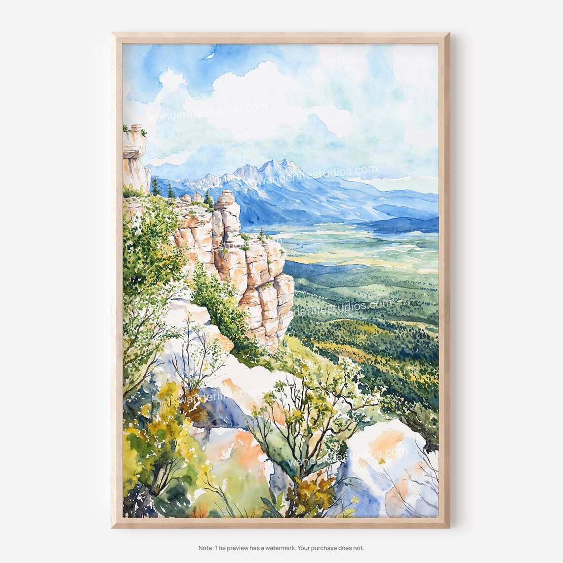 Rocky Cliff Overlook Watercolor Mountain Valley Vista Landscape Poster