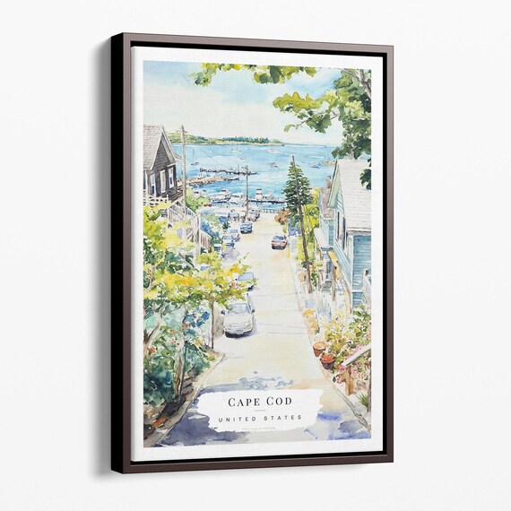 Cape Cod Watercolor Harbor Boats Quaint Coastal Street Poster