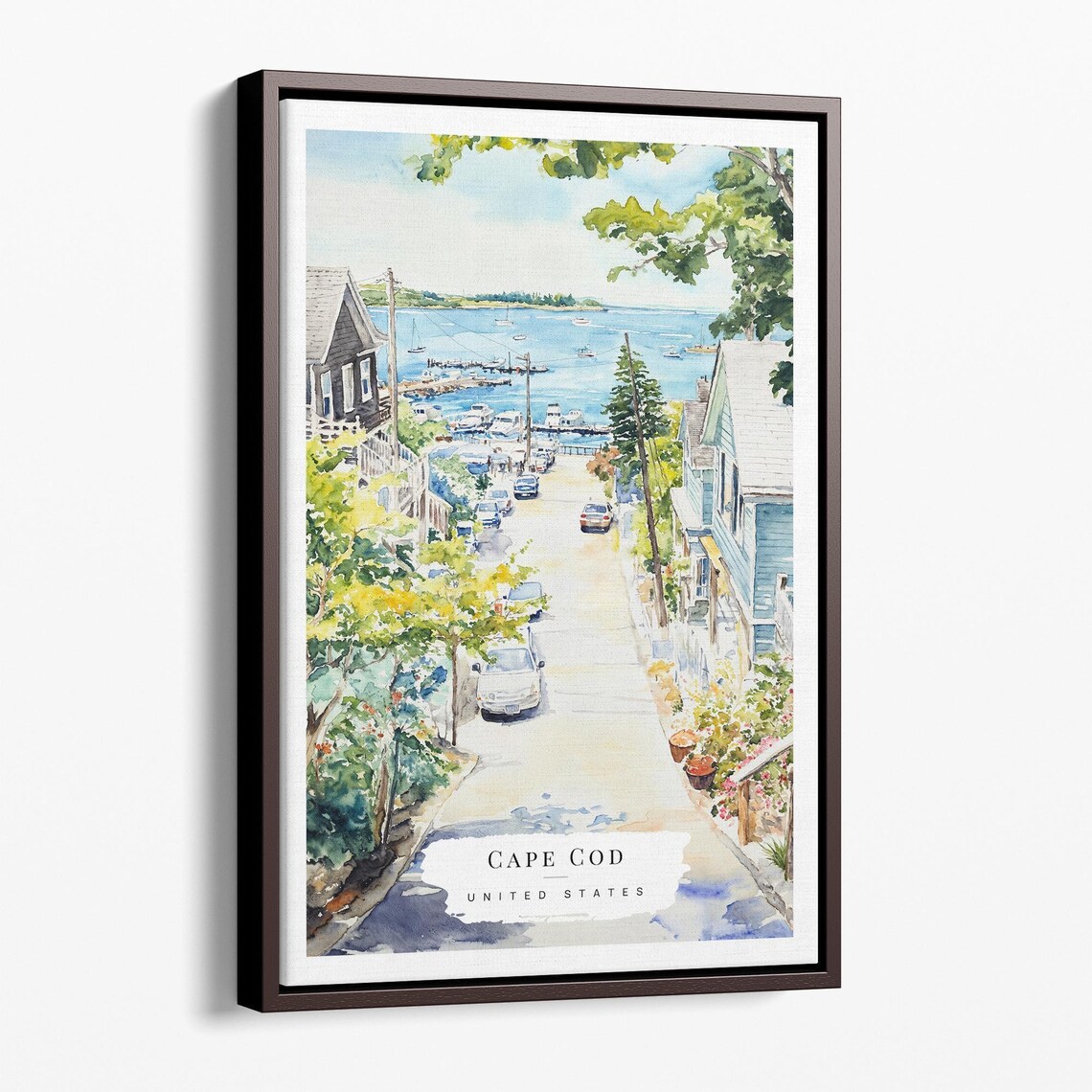Cape Cod Watercolor Harbor Boats Quaint Coastal Street Poster