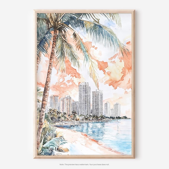 Miami Sunset Watercolor Palm Beach Skyline Tropical Art Poster