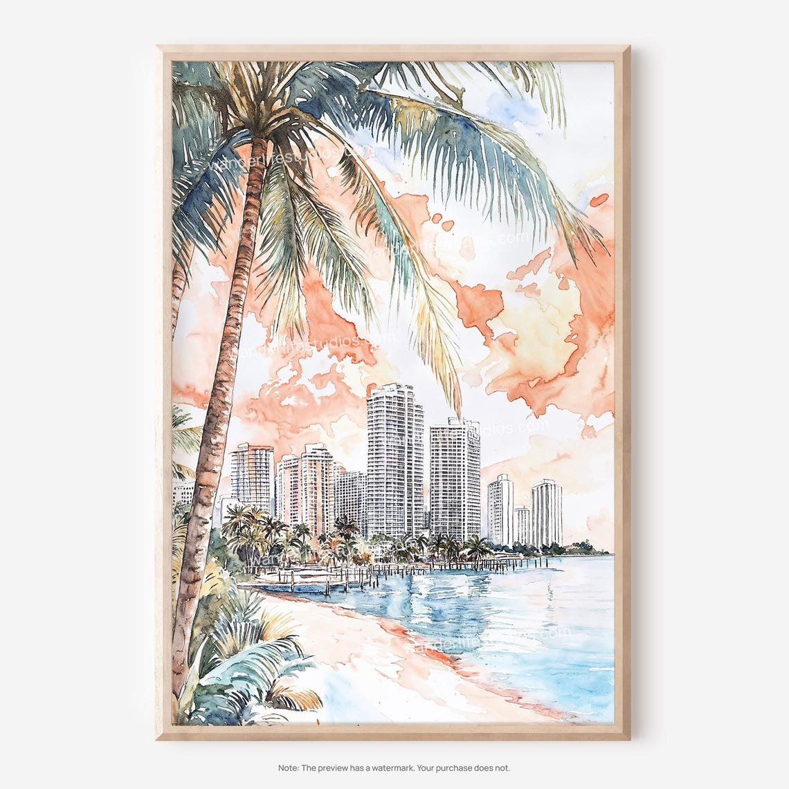 Miami Sunset Watercolor Palm Beach Skyline Tropical Art Poster