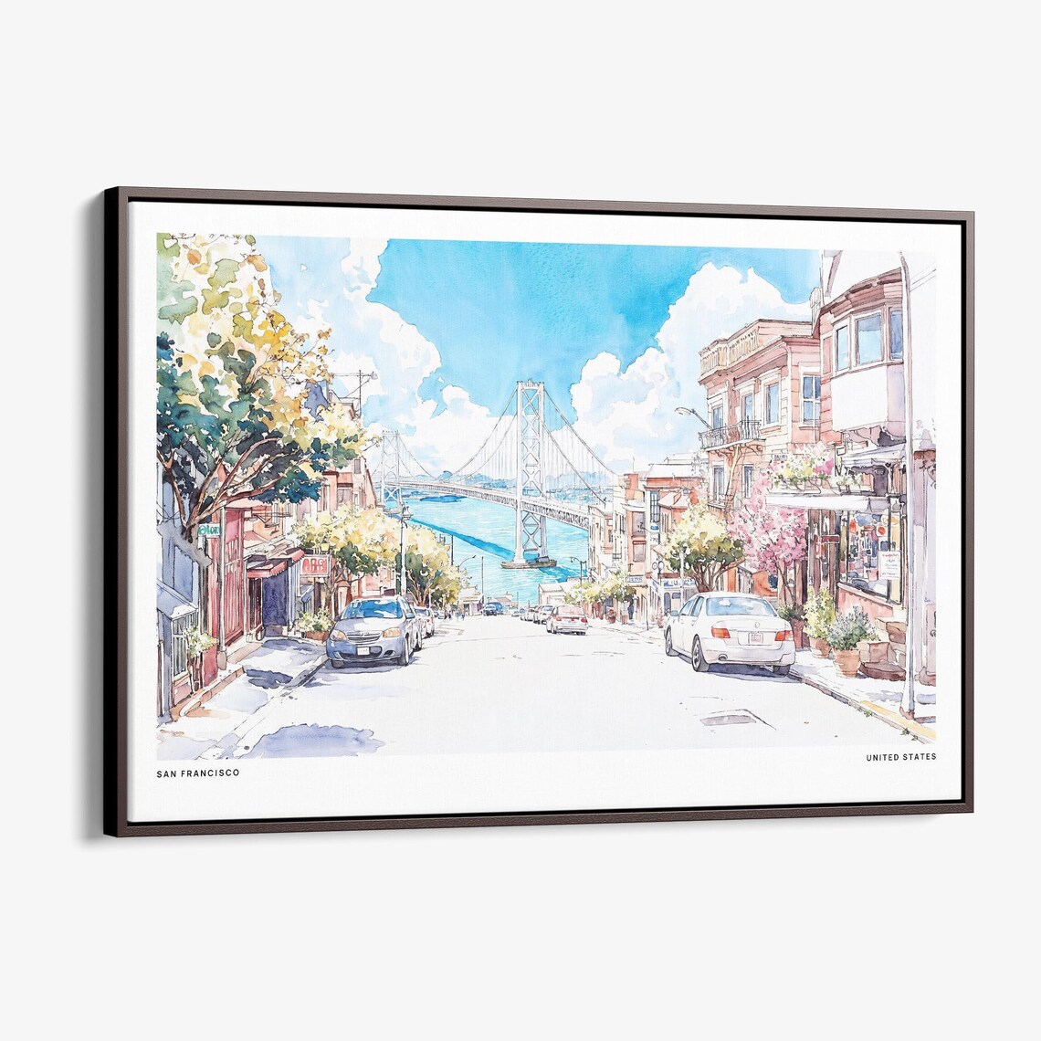 San Francisco Bay Bridge Bright Street Watercolor City View Poster
