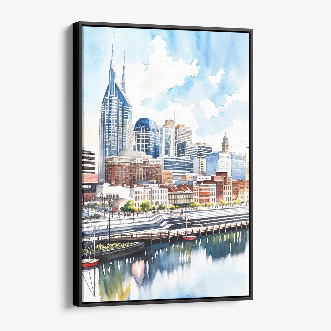 Nashville Tennessee Skyline Waterfront Cityscape Watercolor Poster