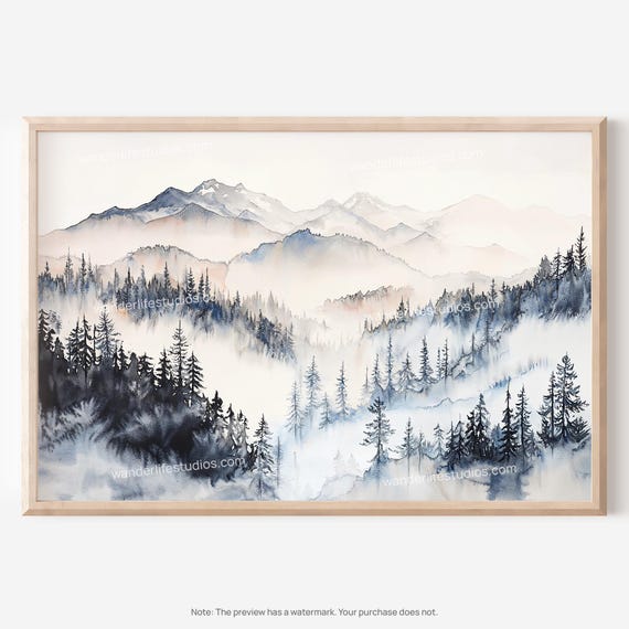 Pacific Northwest Wall Art Watercolor Mountain Landscape