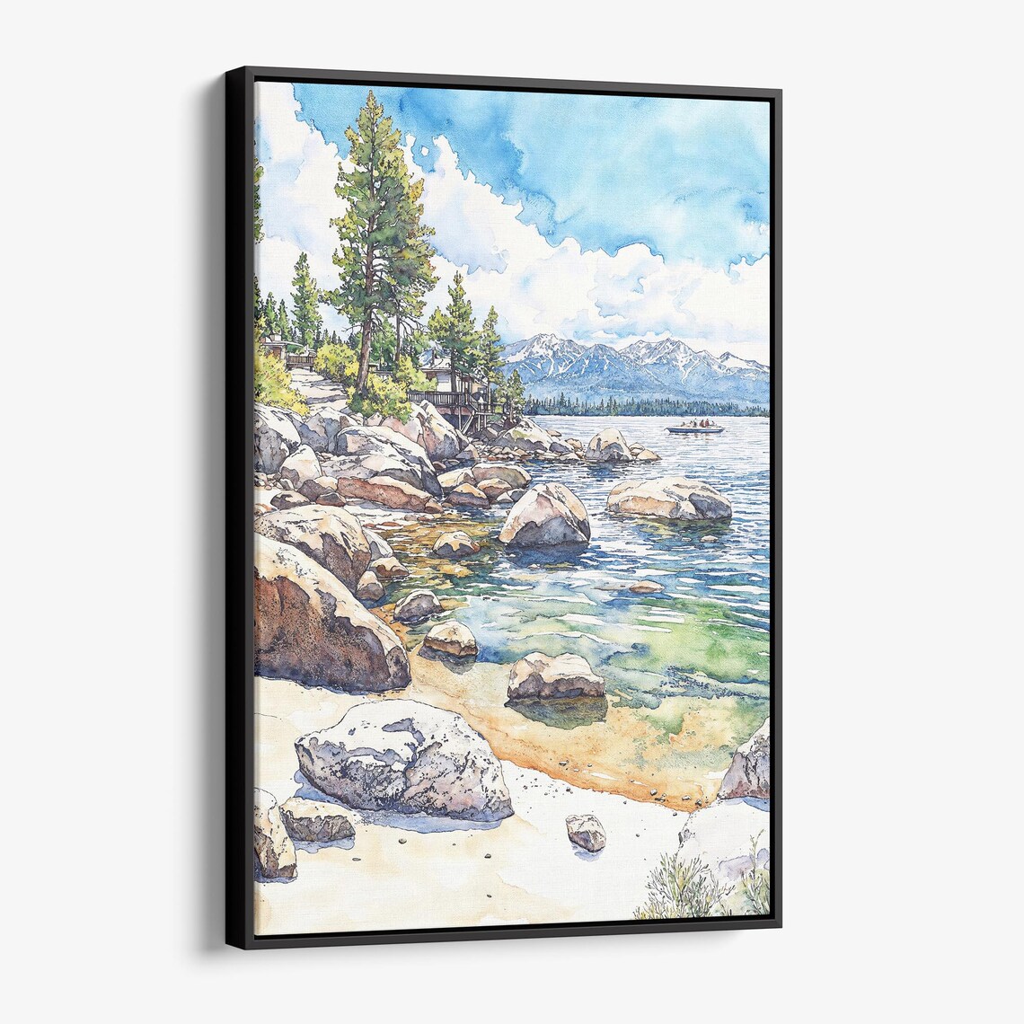 Lake Tahoe Rocky Shore Watercolor Boulders Pines Mountain Lake Print