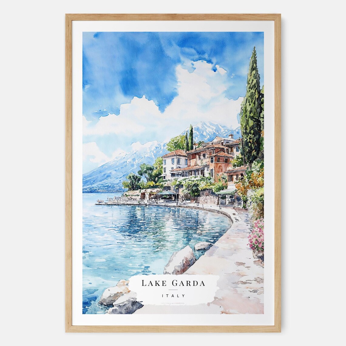 Lake Garda Italy Lakeside Villas Cypress Trees Watercolor Poster