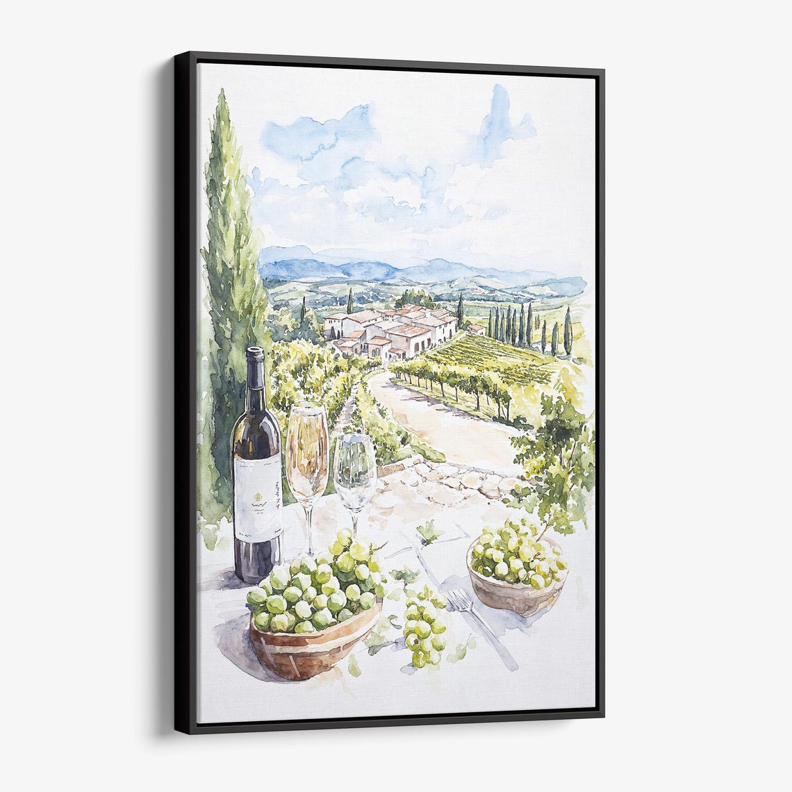 Tuscan Vineyard Watercolor Wine Bottle Grapes Italian Scene Poster