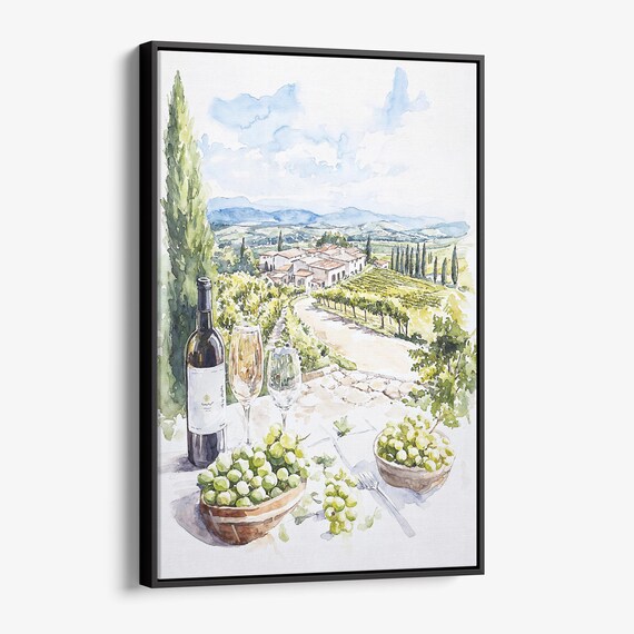 Tuscan Vineyard Watercolor Wine Bottle Grapes Italian Scene Poster