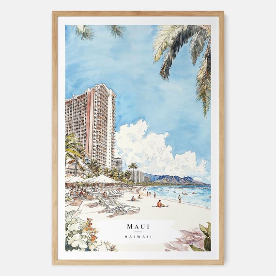 Maui Hawaii Beach Watercolor Tropical Palm Trees Resort Travel Poster