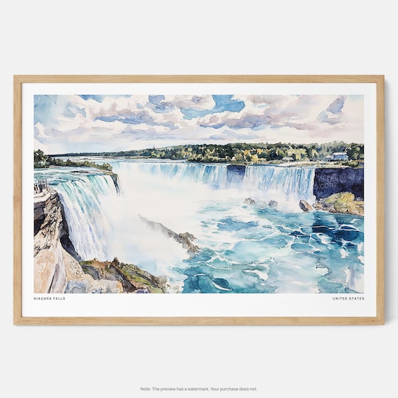 Niagara Falls Watercolor Art Print, Dramatic Waterfall