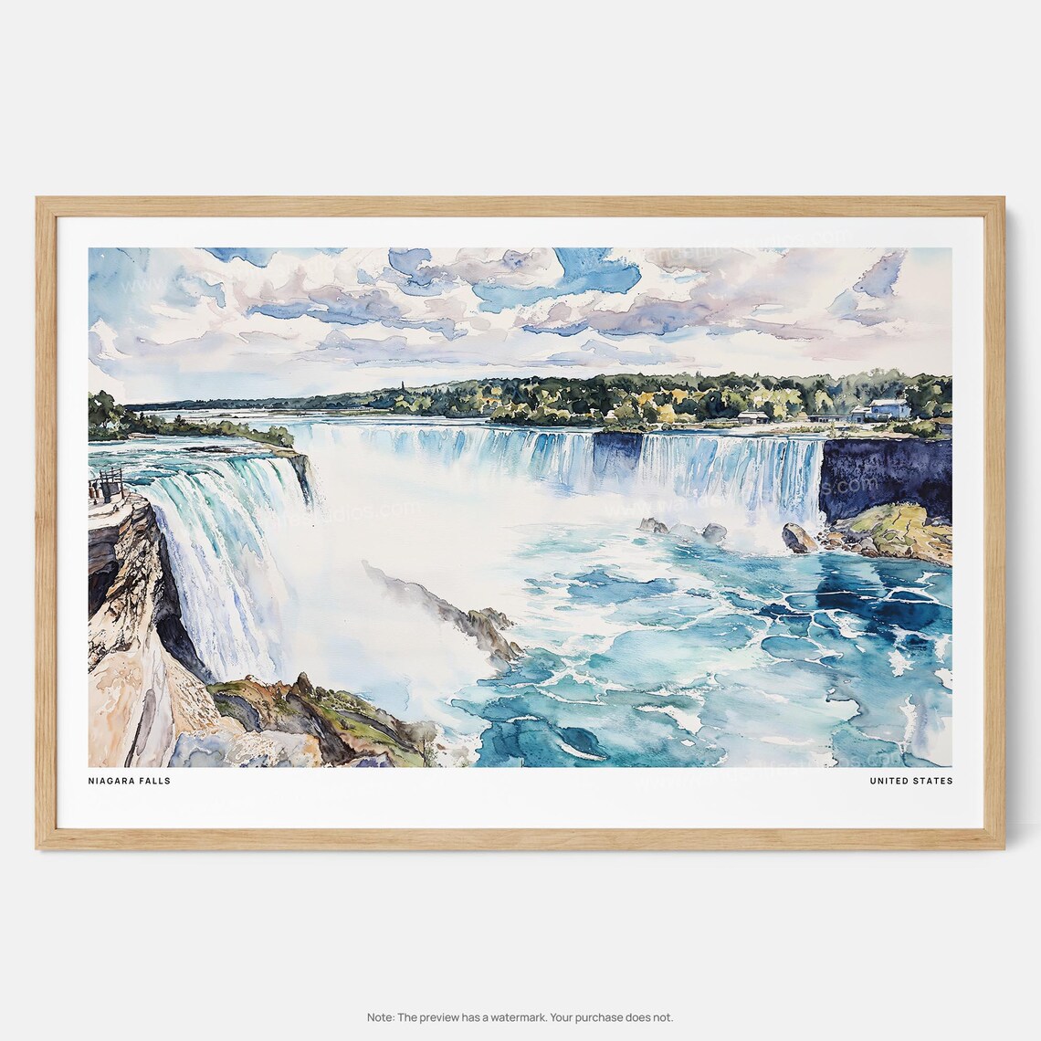 Niagara Falls Watercolor Art Print, Dramatic Waterfall