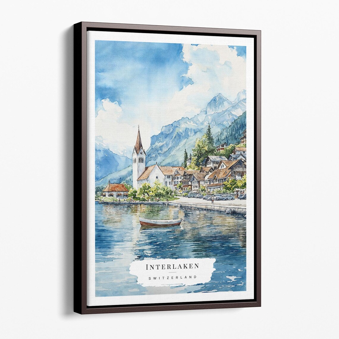 Interlaken Switzerland Watercolor Lake Village Alps Travel Art Poster