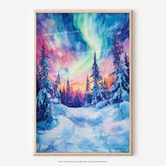 Northern Lights Wall Art Fairbanks Watercolor For Instant Enjoyment