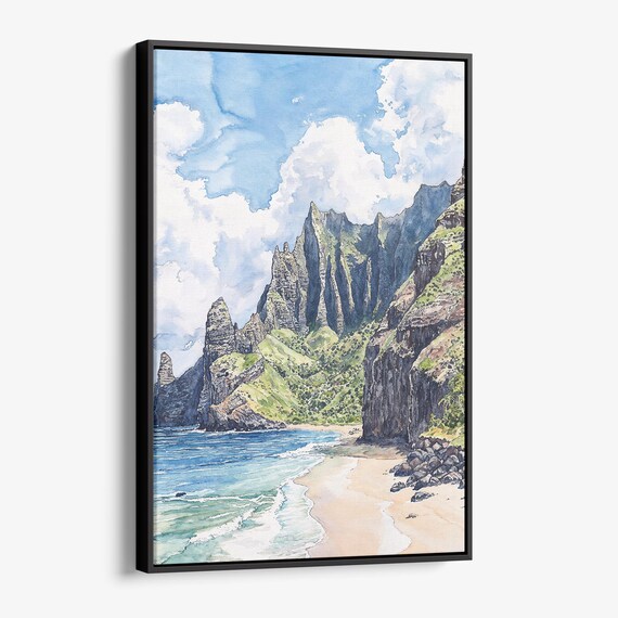Na Pali Coast Hawaii Watercolor Beach Sea Cliffs Tropical Landscape Poster