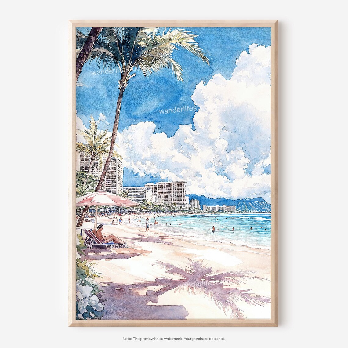 Waikiki Beach Diamond Head Honolulu Watercolor Travel Poster