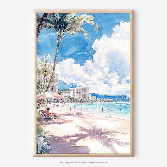 Waikiki Beach Diamond Head Honolulu Watercolor Travel Poster