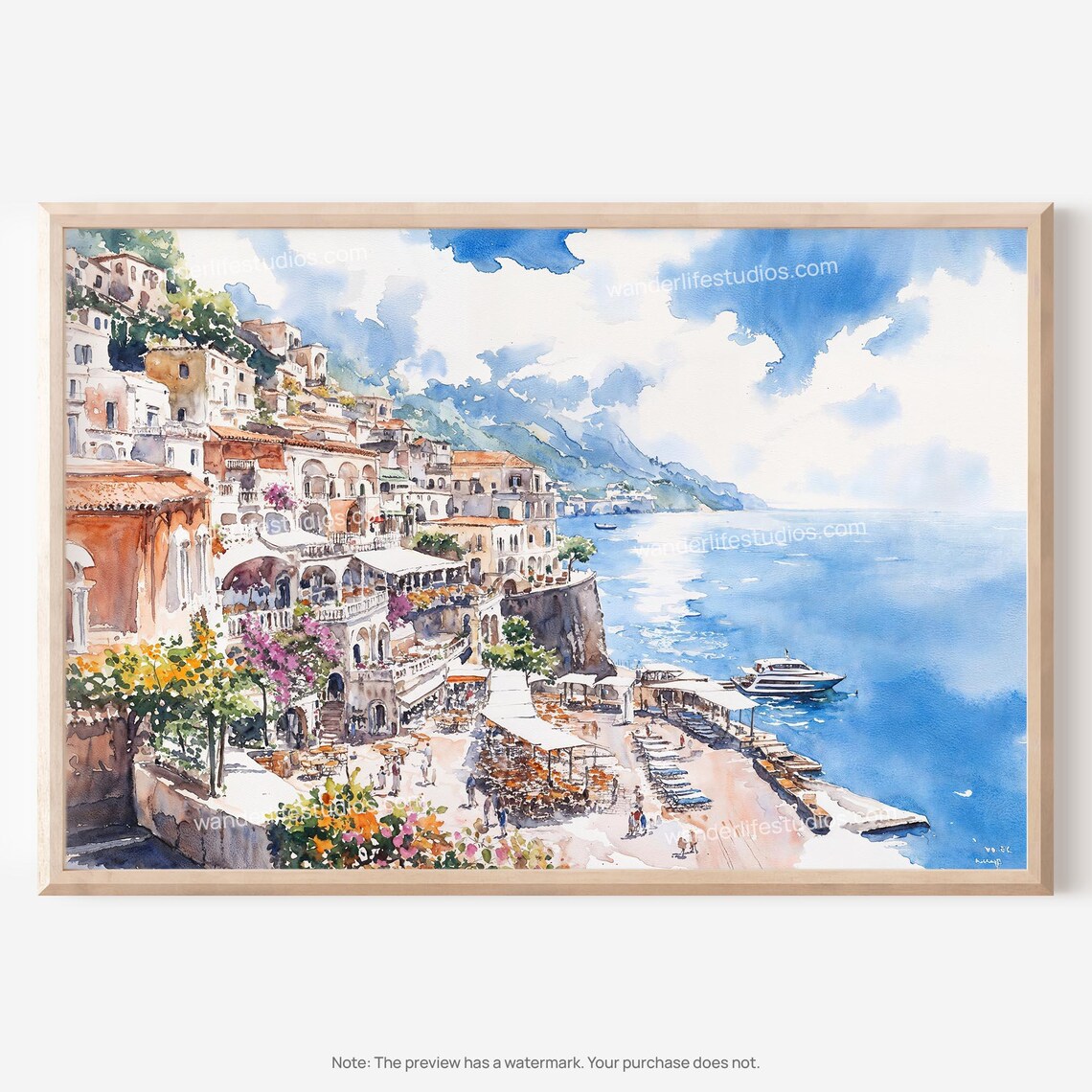 Amalfi Coast Cliffside Town and Blue Sea Watercolor Travel Poster