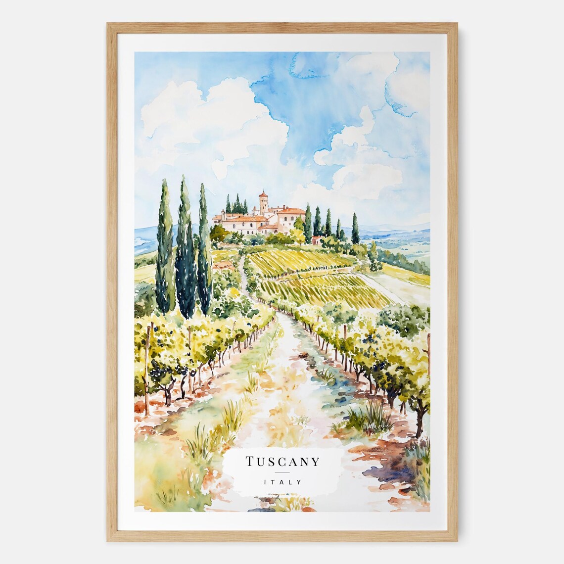 Tuscany Italy Vineyard Villa Cypress Watercolor Travel Poster