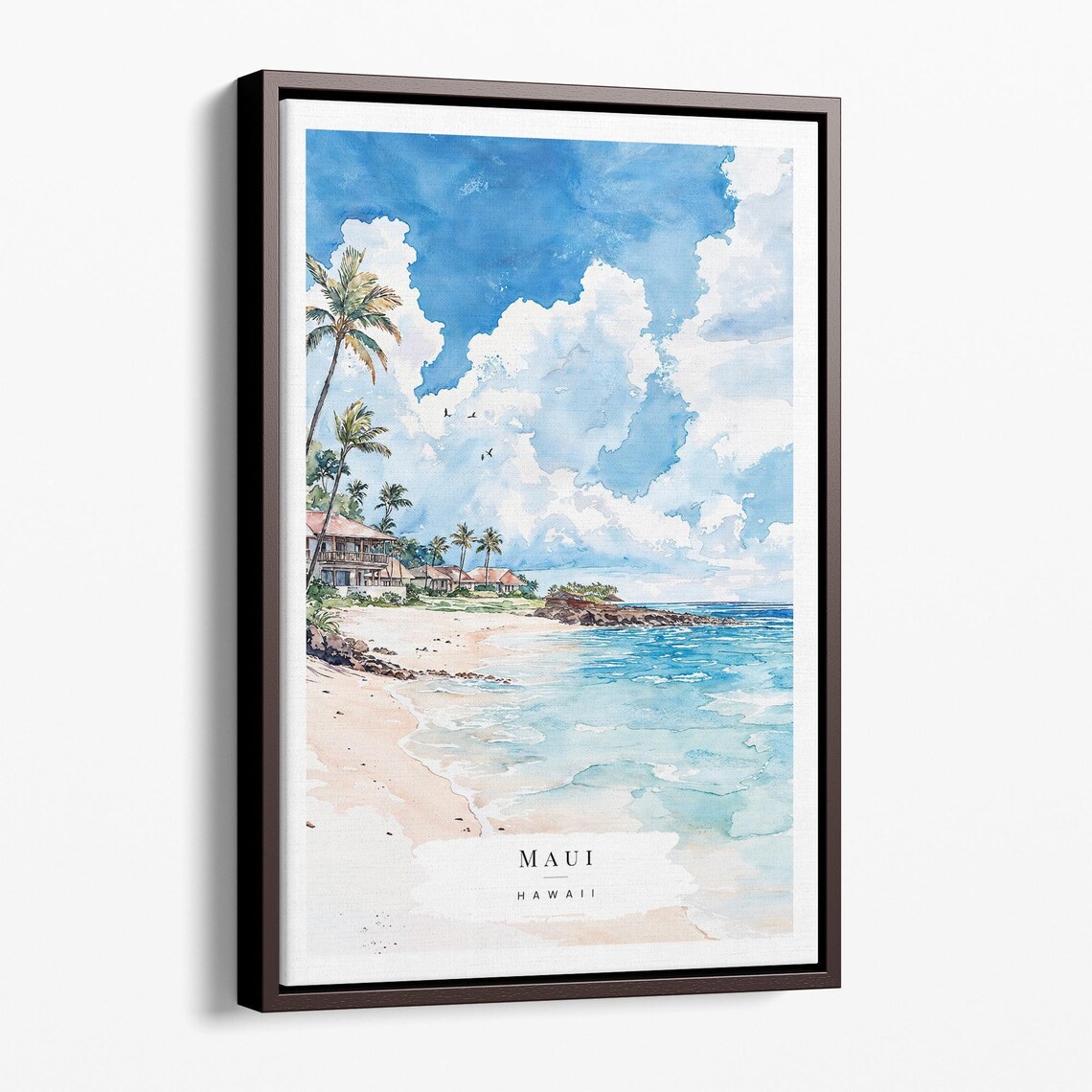 Maui Hawaii Watercolor Beach Palms Island Resort Travel Art Poster