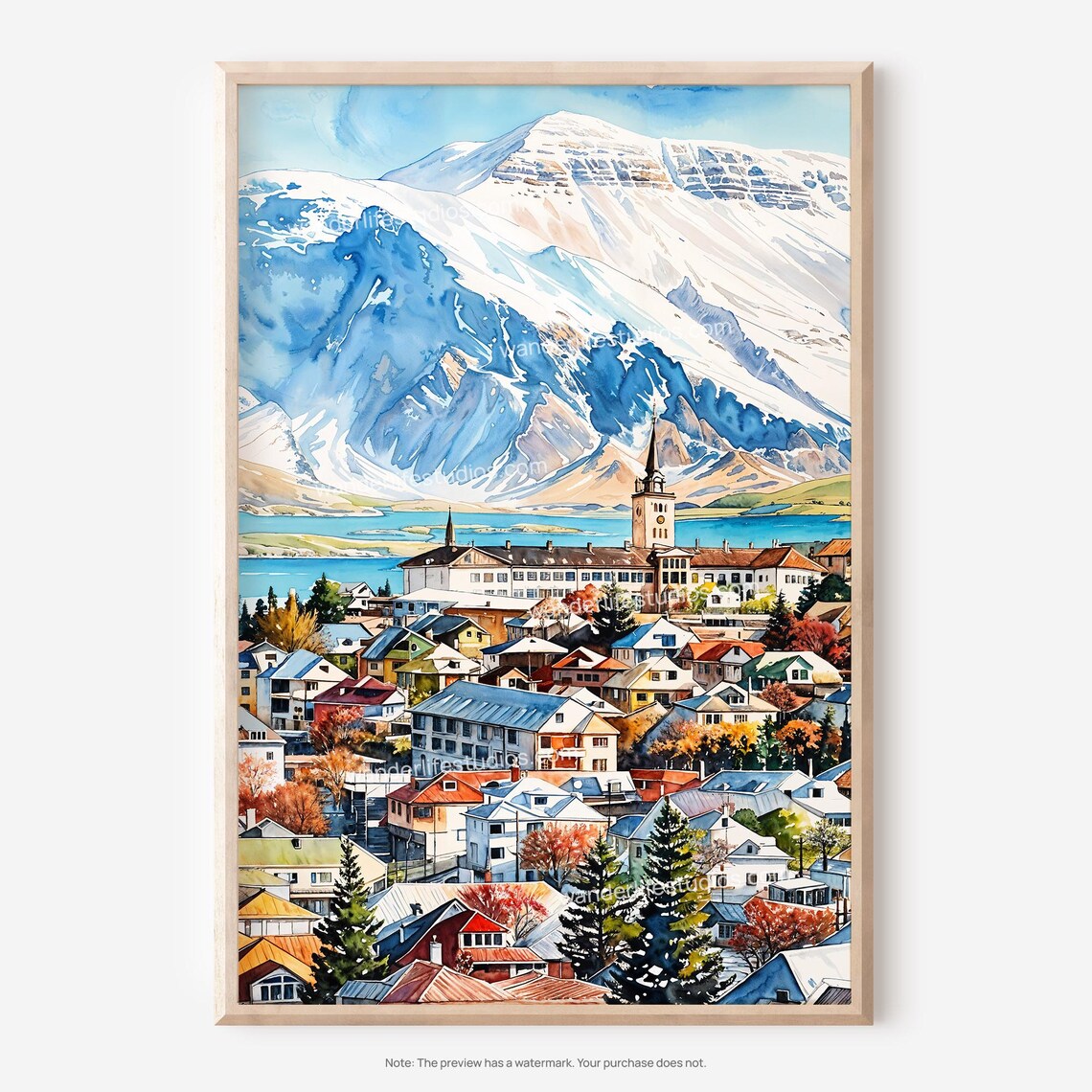 Reykjavik Iceland Hallgrimskirkja Church Watercolor Cityscape Poster