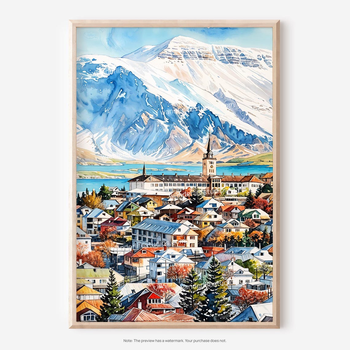 Reykjavik Wall Art Scenic Watercolor Of Icelandic Cityscape