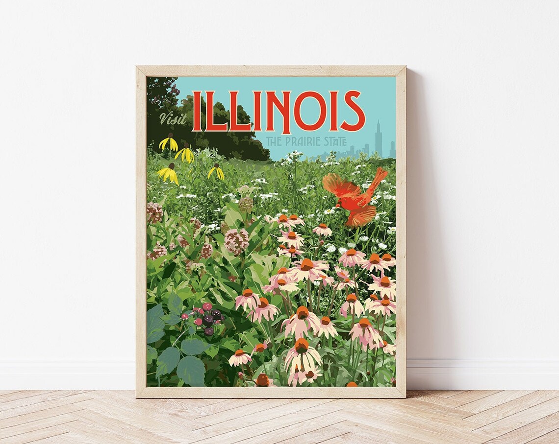Illinois Prairie State Wildflower Vintage Travel Poster