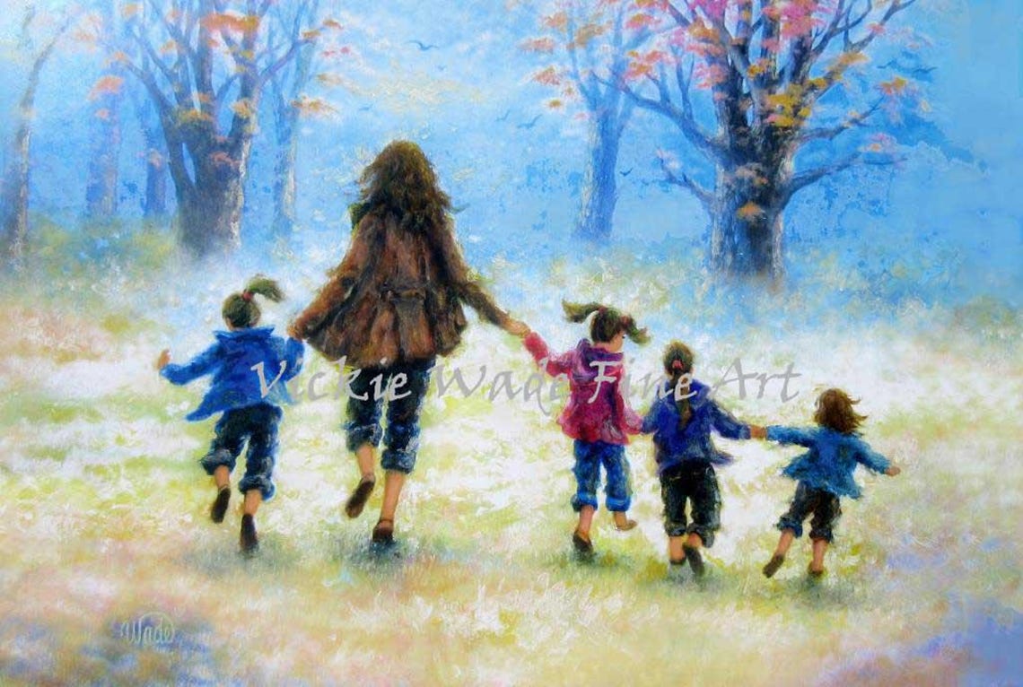 Mother Four Daughters Art Print Four Sisters Four Girls Mom Wall Art Motherhood Mothers Day Gift Art Painting Vickie Wade Art