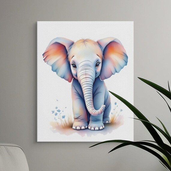 Cute Pastel Baby Elephant Watercolor Sweet Nursery Art Poster