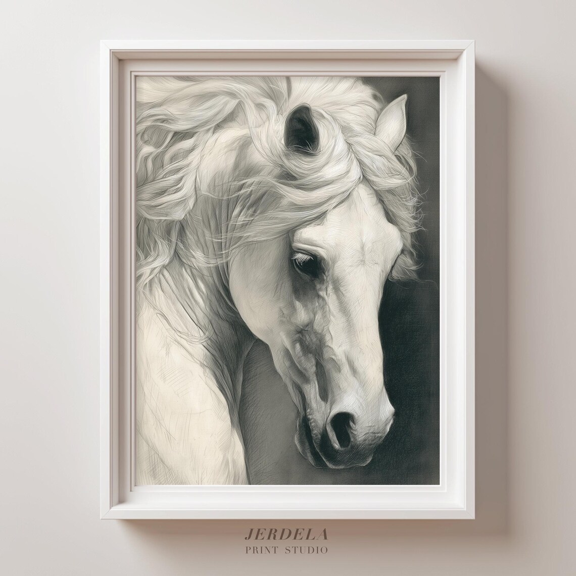 White Horse Portrait Dramatic Charcoal Sketch Equestrian Art Print