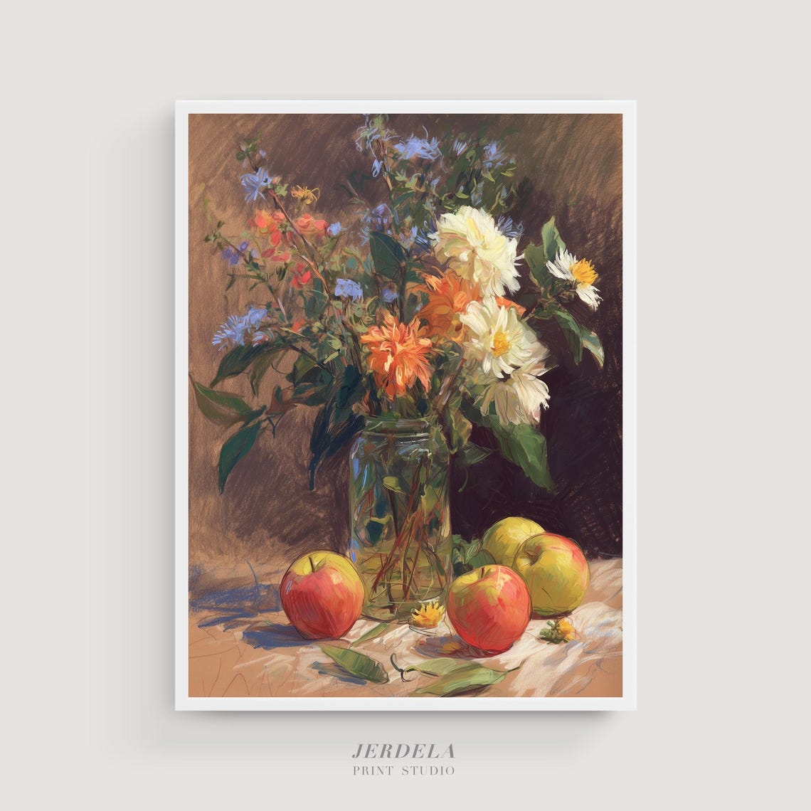 Autumn Wildflowers Glass Jar Apples Pastel Still Life Art Print