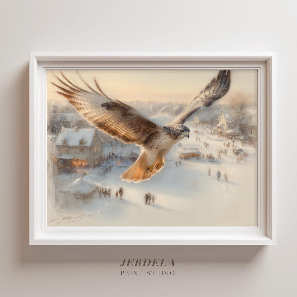 Majestic Hawk Over Snowy Village Vintage Pastel Winter Art Print
