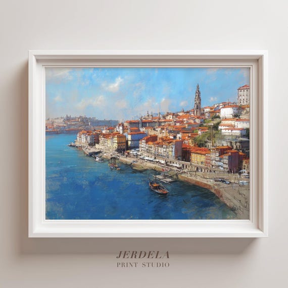 Porto Portugal Cityscape Print Dry Pastel And Charcoal Travel Art Douro River