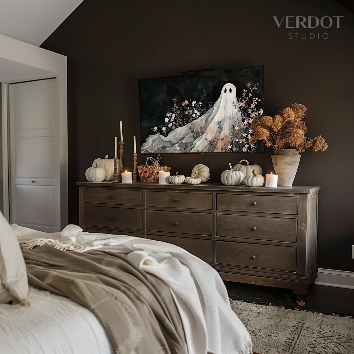 Halloween Ghost With Pink White Flowers Dark Spooky Watercolor Wall Art Print - Image 2