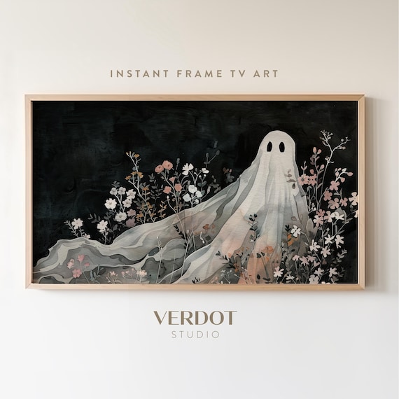 Halloween Ghost With Pink White Flowers Dark Spooky Watercolor Wall Art Print