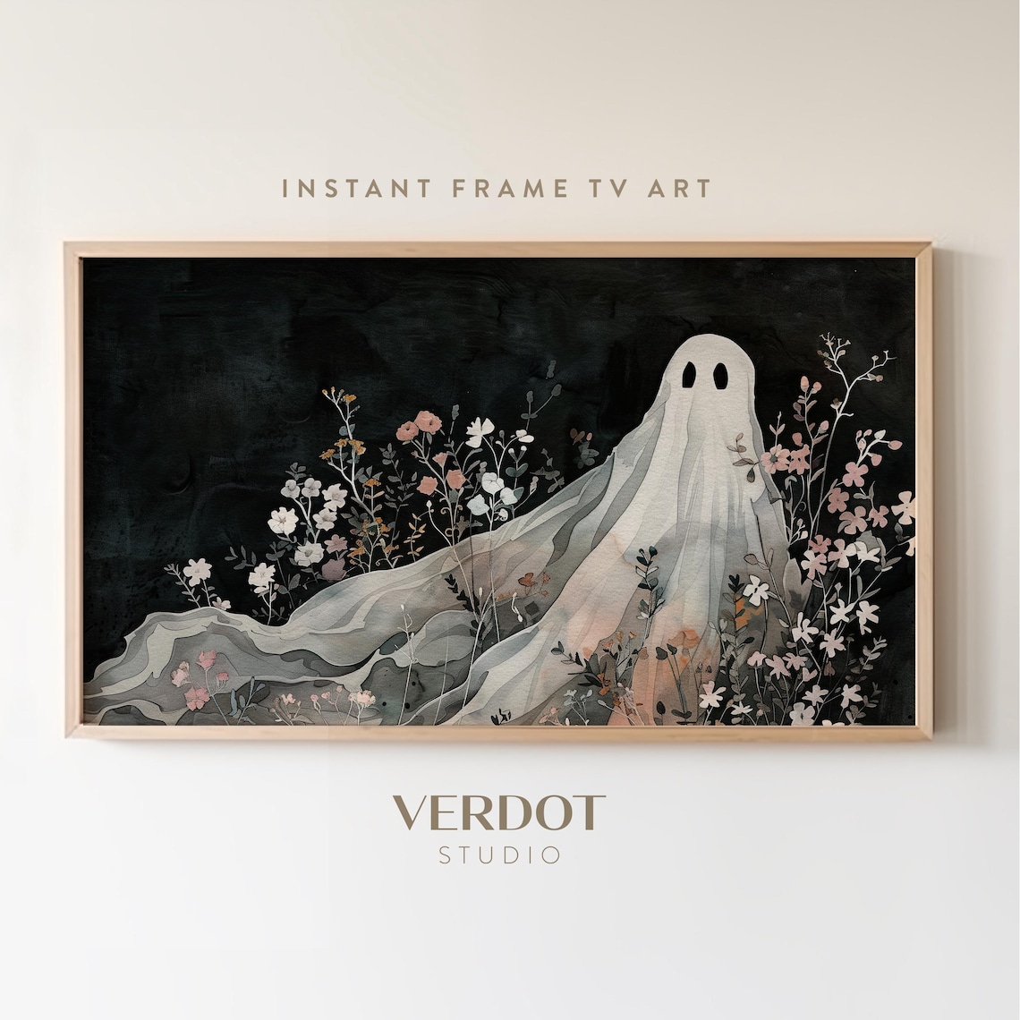 Halloween Ghost With Pink White Flowers Dark Spooky Watercolor Wall Art Print