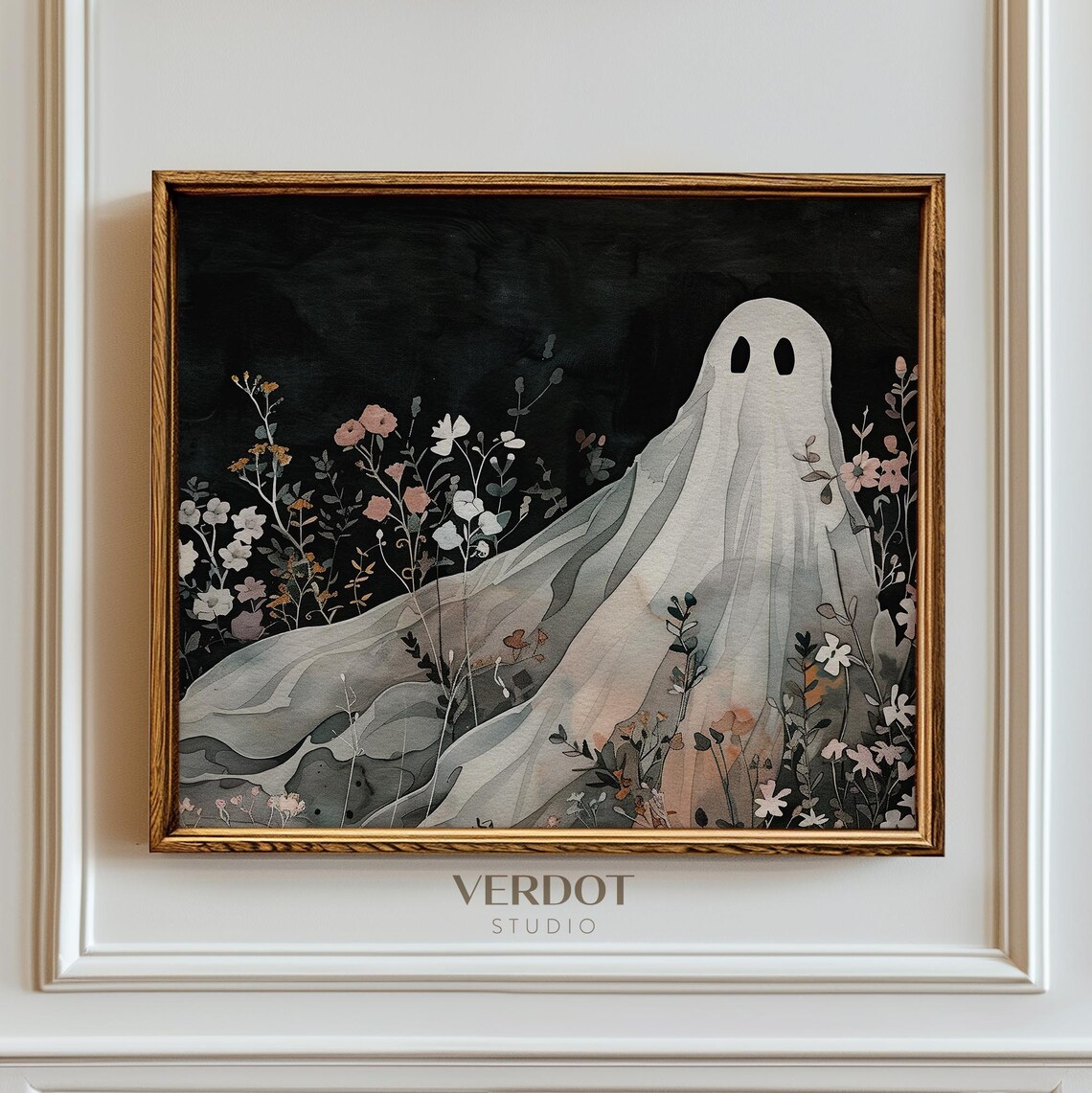 Cute Ghost In Dark Wildflower Night Garden Watercolor Halloween Art Poster