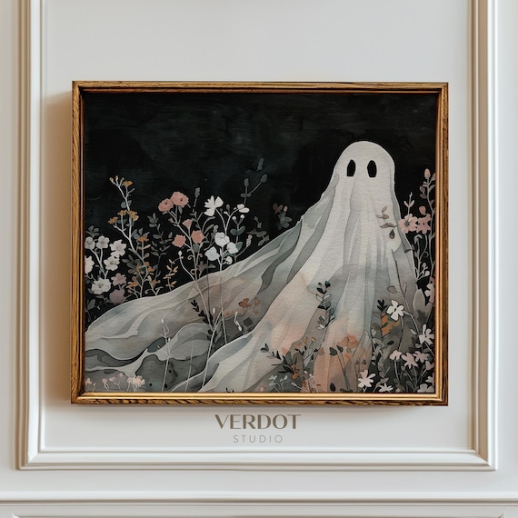 Cute Ghost In Dark Wildflower Night Garden Watercolor Halloween Art Poster