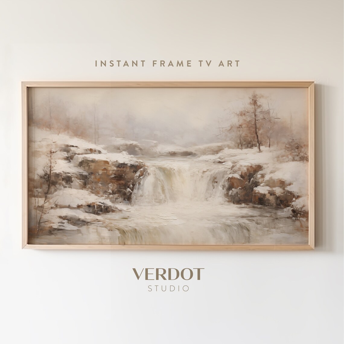 Winter Waterfall Landscape Art Print, Vintage Christmas Decor