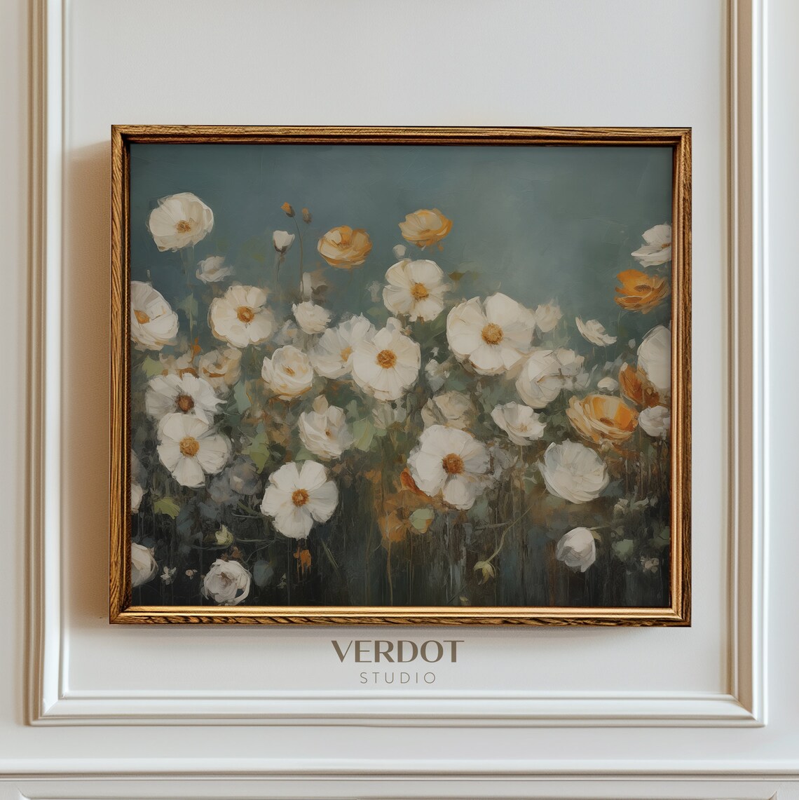 Navy Vintage Flowers Art Print, Rustic Wildflowers