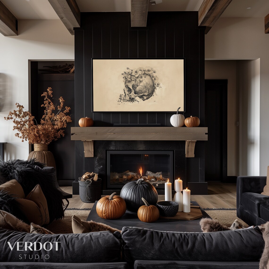 Skull With Flowers Neutral Botanical Sketch Dark Academia Halloween Art Poster - Image 4