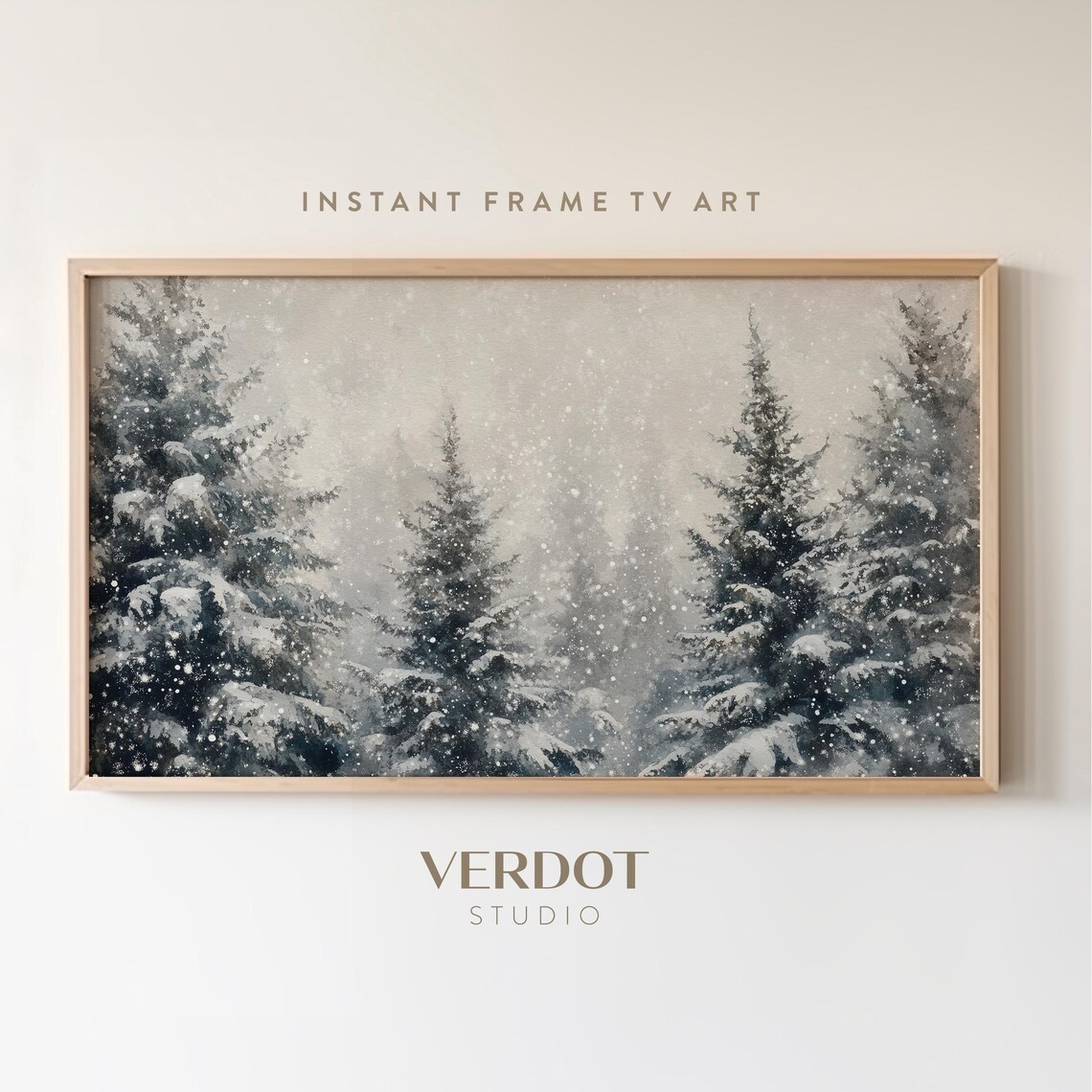 Snowy Winter Trees Christmas Art Print, Evergreen Landscape