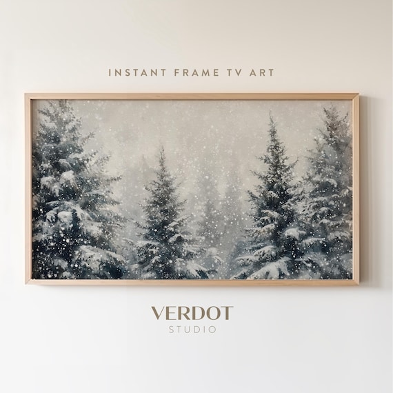 Snowy Winter Trees Christmas Art Print, Evergreen Landscape
