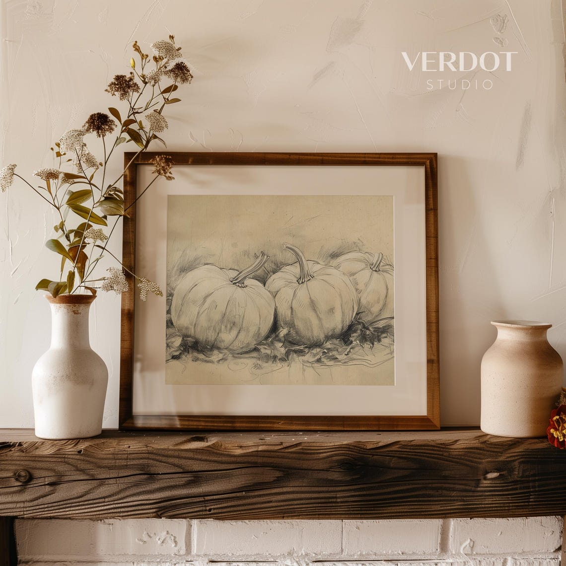 Neutral Pumpkin Sketch Fall Still Life Pencil Drawing Beige Art Print - Image 2