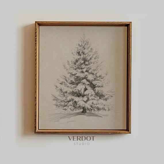 Vintage Christmas Tree Drawing, Neutral Winter Poster