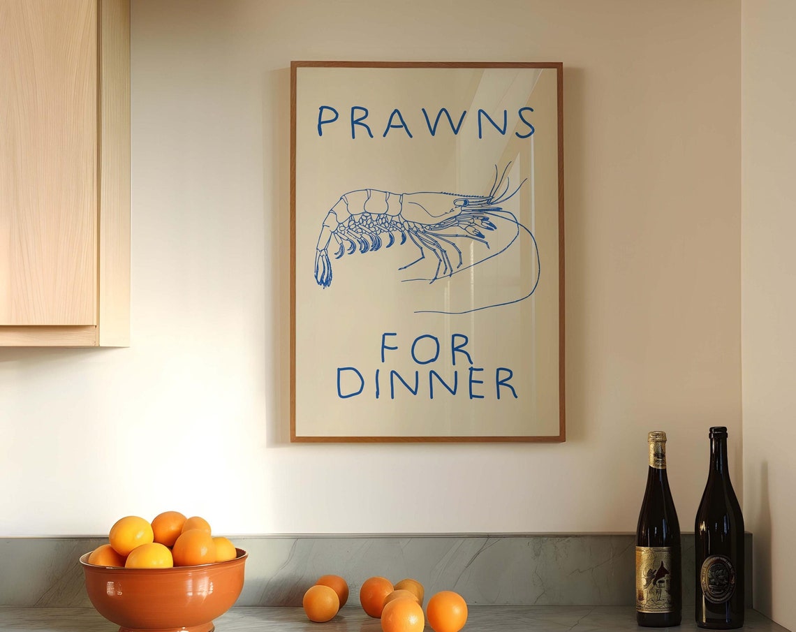 Prawns for Dinner Funny Kitchen Poster Blue Prawn Line Art Wall Decor