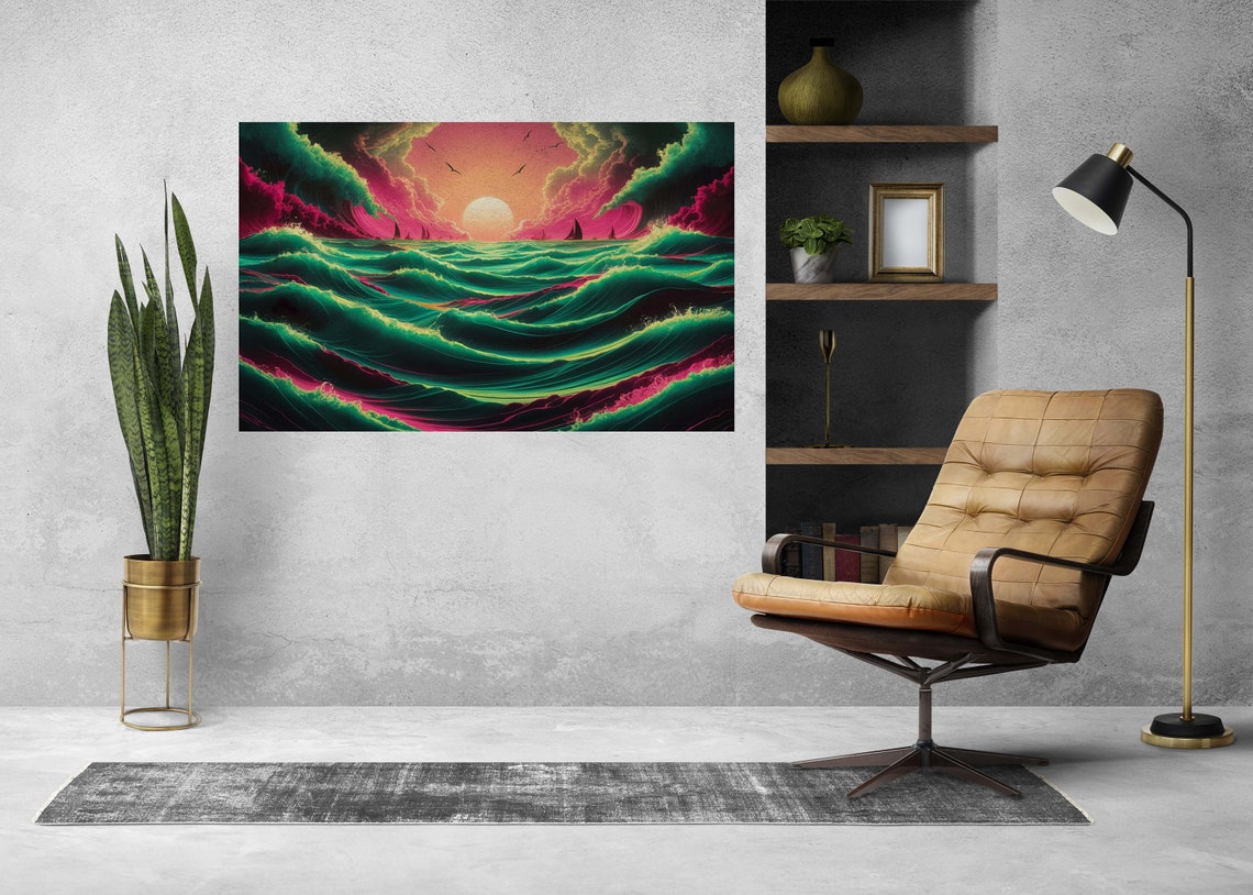 Green And Pink Rolling Waves Sunrise Sailing Boats Ocean Poster - Image 2