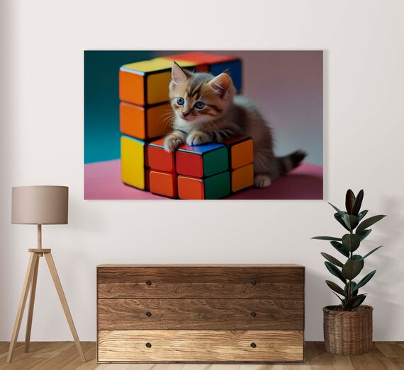 Rubik Cube With Cute Kitty Cat Poster Set Of 1 Image Home Artwork Decoration Serious Kitten Illustration